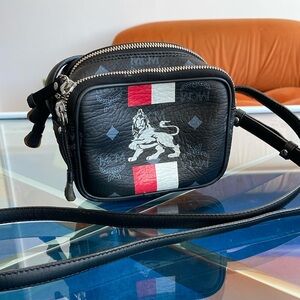 MCM Visetos Lion 1976 Mini Camera Crossbody Bag Black with Red Detailing